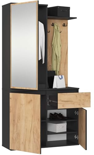 AKORD Garderoben-Set ENTRO Schwarz 95 cm - Kompaktgarderobe Schmaler Flur - 3 Türen, 1 Schublade - 7 Regalböden - Flurgarderoben Set Modern - Flur Möbel Set, Industrial Stil - Schwarz & Craft-Eiche