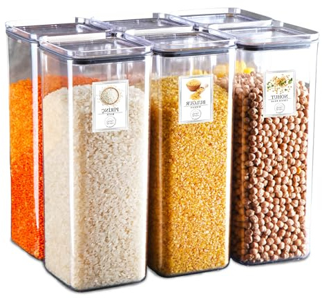 My Happy Home 6-Piece 2L Food Storage Container Set | Clear BPA-Free Plastic Boxes with Airtight Lids & 25 Reusable Labels | Stackable Pantry Organizer for Flour, Grains, Snacks, Fruits, Meal Prep