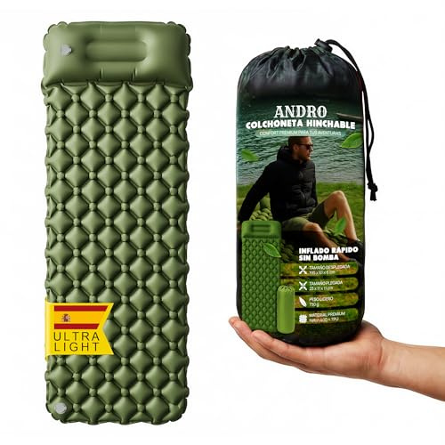 ANDRO Colchoneta Camping - Colchón Hinchable Individual - Ultraligero Colchoneta Hinchable Camping - Colchonetas para Dormir Portátil para Acampada al Aire Libre, Senderismo y Tienda de Campaña.