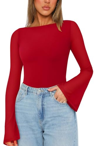 LACOZY Women's Mesh Tops Long Bell Sleeves Fitted Blouse Sexy Going Out Top | Boat Neck Bodycon Ribbed Tops, Casual Date Skinny Shirts, Fashion Clothes, Elegant Stretchy Pullover, Evening Party Outfit