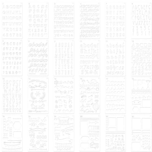 TONGIHS 24 Stück Buchstaben Schablone, für künstlerisches Malen, Weiß | 17,2×10,1cm,PET,Wiederverwendbar,Leicht zu reinigen,Lässt sich mit Stiften individuell gestalten,für Holz,Stoff,Papier,Wände