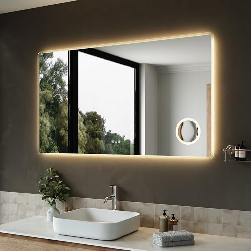SIRHONA Miroir Salle de Bain avec Éclairage 140x80 cm, Luminosité Dimmable et 3 Couleurs Réglables, Anti-buée, Mémoire, IP44, Douille, Grossissant 3X, Miroir Connecté Salle de Bain