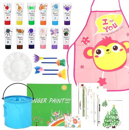 TOSUTO 51 Pcs Pintura de Dedos para Niños Lavable,Juego de Pintura para Dedos No Tóxicas,12 Colores (60ml),con Pinceles,Esponja,Paleta y Bata,Niños Pintura Temprana Artes DIY Artesanías