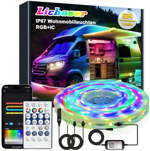Lichaser 5m LED Streifen für Wohnmobile, Wasserdicht 12V LED Lampen für Wohnmobile IP67 RGB+IC mit App und Fernbedienung, Wohnmobilbeleuchtung für den Innen und Außenbereich für Markise Wohnwagen