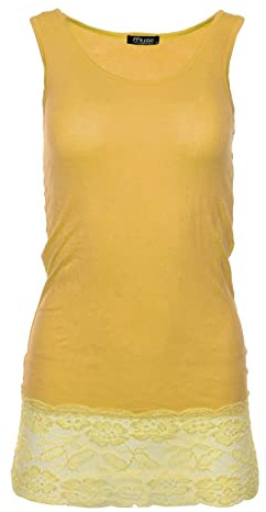 Easy Young Fashion - Damen Trägertop mit Spitzensaum - langes Unterziehshirt Skinny Fit 0518 (Maisgelb S/M)