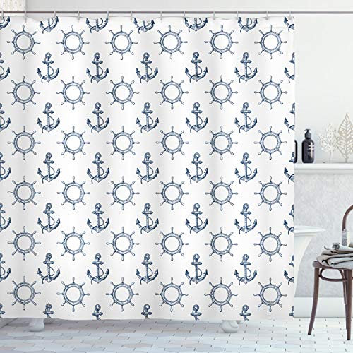 ABAKUHAUS Anker Duschvorhang, Retro maritimes Design, Stoffliches Gewebe Badezimmerdekorationsset mit Haken, 175 x 180 cm, Marineblau Weiß