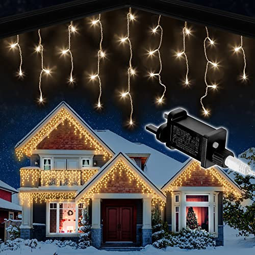 NETTA Icicle Lights Outdoor Christmas 360 LED 10m Lit Length, Warm White LED Icicle Fairy House Lights with Memory, 8 Hours On Timer, 8 Lighting Modes, Mains Powered – 360 LED, Warm White