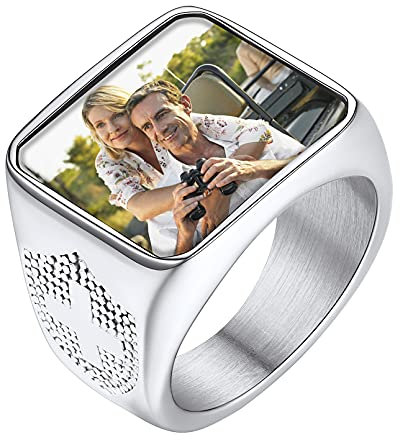 FaithHeart Personalisierter Fingerring mit Kreuz Symbol Edelstahl Siegelring mit Kreuz Symbol Damen Herren Bild Fingerring mit Gravur für Weihnachten Vatertag