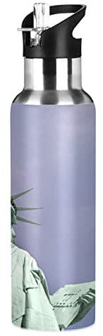 Vnurnrn Statue Bleue De New York Bouteille d'eau Isotherme en Acier Inoxydable Isolé avec Paille Water Bottle(600 ML)