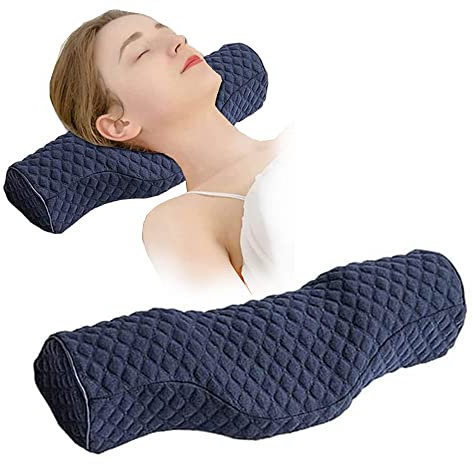 Cervical Neck Pillow for Pain Relief Sleeping, Neck roll Pillow Memory Foam for Stiff Neck Pain Relief ，Travel Bolster Pillow for Bed for Side Sleepers Back Sleeper. (Blue)
