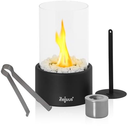 Zelsius Tischkamin für Indoor und Outdoor | Schwarz | Ø 16,5 x 27 cm | Freistehender Bioethanol Kamin mit weißen Dekosteinen | Tischfeuer, Feuersäule, Balkon Deko Kamin, Gartenfeuer, Standkamin