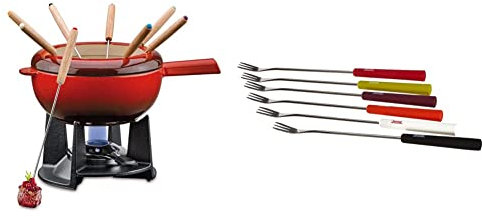 Spring Gusseisen Fondue Set rot | Ø 20 cm | mit 8 Fonduegabeln und Spritzschutz | Rechaud Brenner & 2890260606 Käsefondue-Gabeln Basic bunt 6 Stück, Edelstahl, Silber, 2 x 12 x 27,5 cm