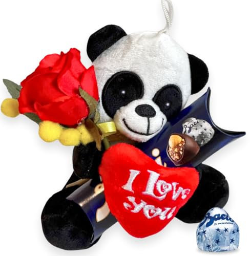 Idea Regalo Maestre - 37,5gr Baci Perugina + Peluche Panda 15cm + Ramo di Mimosa con Rosa Rossa Artificiale | Pasqua 2025 (CLASSICO TUBINO)