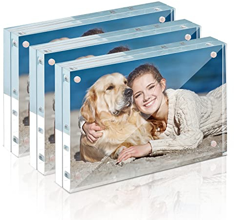 TWING 3 Pack 4 x 6 Acrylic Frame,Acrylic Picture Frames Horizontal Magnet Double Sided 4x6 Picture Frame,10+10MM Thick Clear Frameless Desktop Display Magnetic Block Photo Frame Gift Ideal