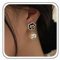Inilbran Boho Pendientes De Flores De Cristal Negro Vintage Cz Flor Perla Colgante Pendientes De Perlas Blancas Pendientes De Oro Negro Camelia Pendientes De La Declaración De La Joyería Para Las