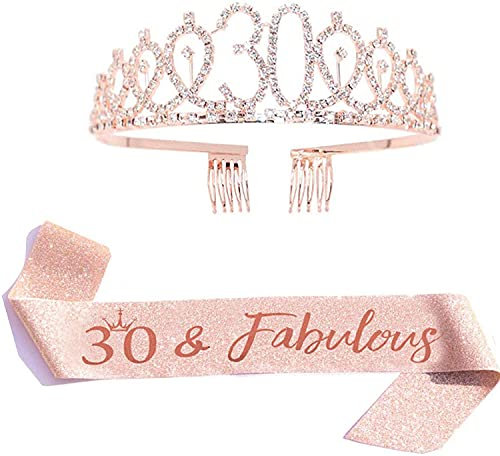 Geburtstag Königin Schärpe & Strass Tiara Kit - 21. 30. 40. 50. 60. Geburtstag Geschenke Geburtstag Schärpe für Frauen Geburtstag Party Supplies (Rose Gold 30th)