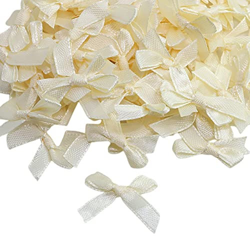 100 STK 6mm Satin Band Deko Schleifen Fertigschleife Geschenkschleifen, Satinband Schleifen für DIY Basteln Hochzeit Valentinstag Weihnachten Dekoration Kartenherstellung Verzierungen,Beige