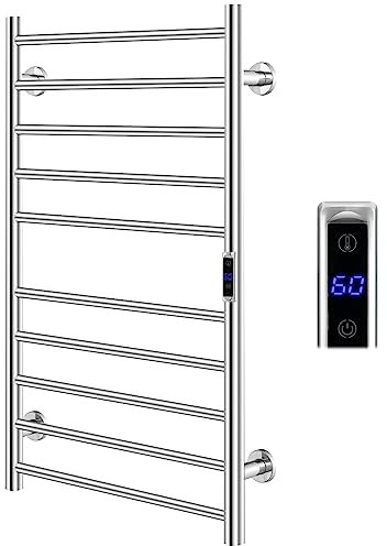 COSTWAY Sèche-Serviettes Électrique 30-60°C avec 10 Barres en Acier Inoxydable, Chauffe-Serviettes 120W Étanche Murale avec Minuterie Affichage LCD, Protection Surchauffe
