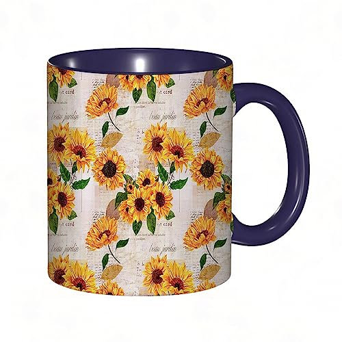 DHAEY Mug porcelaine fine Motif de fleurs de fleurs florales vintage de tournesol.Brun jaune |Mug humour pour collègue, amis, copains, frères et soeurs |Mug original avec