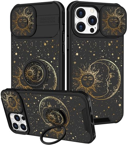 Pegmode (2in1 for iPhone 15 Pro Max Case for Women Sun and Moon Cute Stars Girls Phone Cases Star Golden Space Design with Slide Camera Cover+Ring Holder Fashion for iPhone 15 ProMax Cover 6.7''