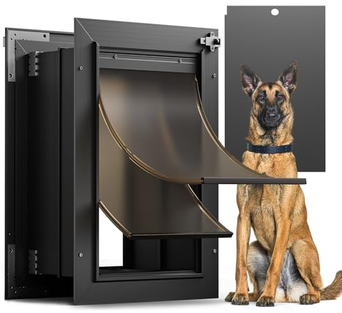 Dog Door for Wall, All Aluminum Large Doggy Door Doggie door, Pet Door Easy to Install, 2 Magnetic Flaps Energy Efficient, Wide Telescoping Tunnel for Interior & Exterior Walls, Pet Up to 110 Lb-Black
