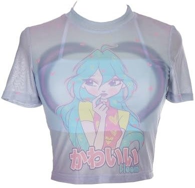 Winx Club Damen Crop Top Rundhals Casual T-Shirt Bloom Print Blau T-Shirt Gepaart mit einem weißen Camisole, blau/weiß, Groß