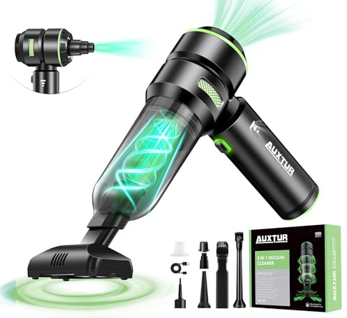 AUXTUR Aspiradora de mano inalámbrica para coche, mini limpiador de 15000 PA, motor sin escobillas 3 en 1 de alta potencia, aspiradoras de potencia de succión de 100 W con cable de datos tipo C,