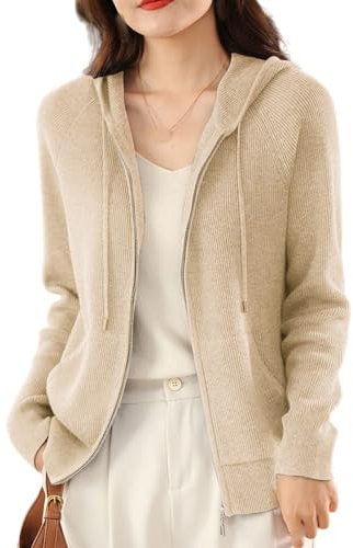 CuLtP Damen Strickjacke Mit Kapuze, Leichte Damen Strickjacke Mit Langen Ärmeln, Reißverschluss, Vorne Offen, Lässige Strickjacke Mit Taschen, Strickpullover, Strickjacke, Überzugsjacke, Beige, M