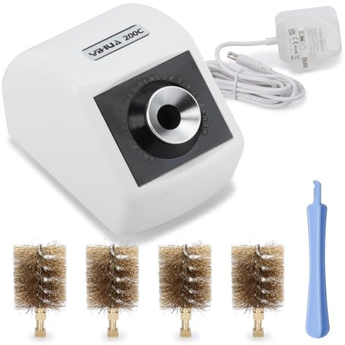YIHUA 200C Motorized Soldering Iron Tips Cleaner with Infra-red Sensor, 6 Brass Wool Brushes, 12V Power Adapter, and Pry Bar - Compact Soldering Iron Tips Brass Cleaner(UK Plug)