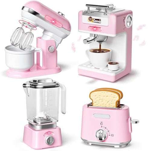 Toyssa Toy Kitchen Accessories Coffee Machine Blender Mixer Toaster, Pretend Play Kitchen Appliances with Realistic Working Mechanism Sound Light, Toys Gifts for 3 4 5 6 7 8 Year Old Girls Boys Kids