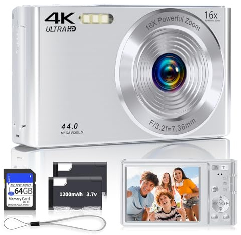 SMARTKLIK Digital Camera 2025 4K 44MP for Teens, Silver Point & Shoot with 16X Zoom, 64GB SD Card, Compact Camera for Boys, Girls, Teens & Kids Gift