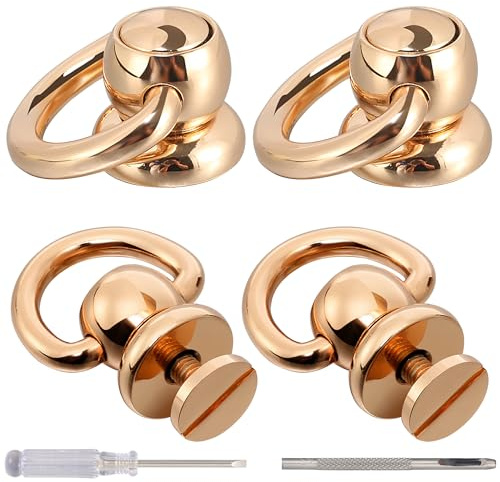 Notgia 4Pcs D Rings for Purse Brass Rivets for Leather Rotatable Purse Strap Hardware Ball Button Studs for Handbag D Rings Chicago Screws for Repair Purse Dog Collar Leather Crafts (Rose Gold)
