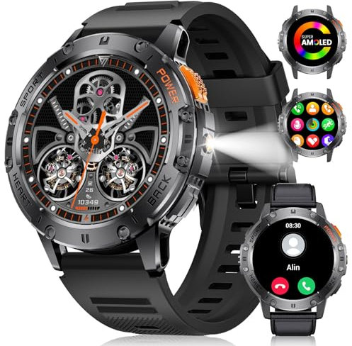 Smartwatch Herren mit LED Taschenlampe,1,43'' AMOLED Militär Smart Watch mit Telefonfunktion,Herzfrequenz Schlafüberwachung 120+ Sportmodi,5ATM Wasserdicht Fitnessuhr,530mAh Akku,2 Silikon Armbänders