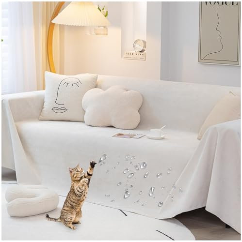 ZGDDPZA Chenille Sofabezug 1 2 3 4 Sitzer L Form Wasserdicht Sofaschoner Kratzfest Sofabezug Ecksofa Sofadecken Für Sitzfläche rutschfest Universelle Sofa Überwurf (Weiß,180 * 300cm)