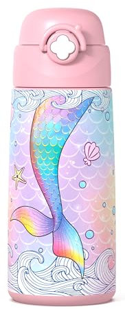 Kiocko Borraccia Per Bambini, In Acciaio Inox, 500 Ml, Certificata TüV, Senza Bpa,Bottiglia Acqua Con Cannuccia A Prova Di Perdite, Per Scuola, Asilo (Sirena-Rosa)