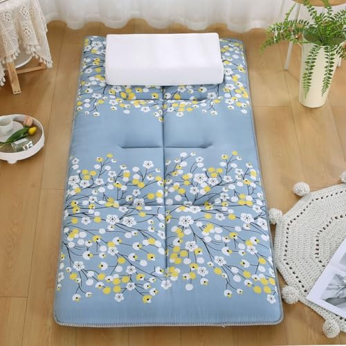 Futon-Bodenmatratze, zusammenklappbar, Tatami-Matratze, Einzelbett, Doppelbett, Queen-Size-Bett, japanische Futon-Matratze, Campingmatratze mit rutschfester Unterseite, Blau, 90 x 200 cm
