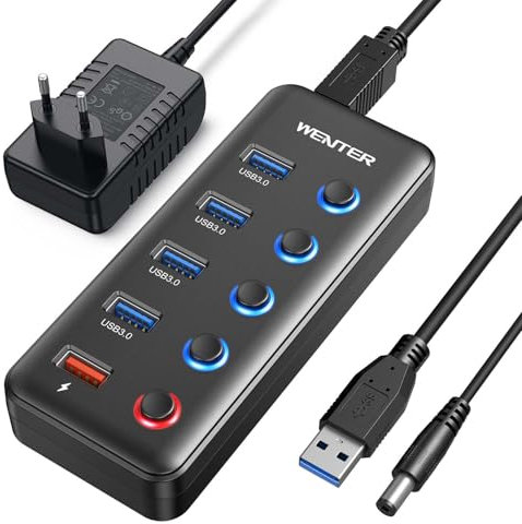 HUB USB 3.0 Alimentación Externa Powered USB Hub,5 Puertos (4 Puertos de Transferencia de Datos + 1 Puerto de Carga Inteligente) LED y Active Switch con Adaptador de Corriente 15W para PC, Win, Mac