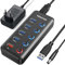 HUB USB 3.0 Alimentación Externa Powered USB Hub，5 Puertos (4 Puertos de Transferencia de Datos + 1 Puerto de Carga Inteligente) LED y Active Switch con Adaptador de Corriente 15W para PC, Win, Mac