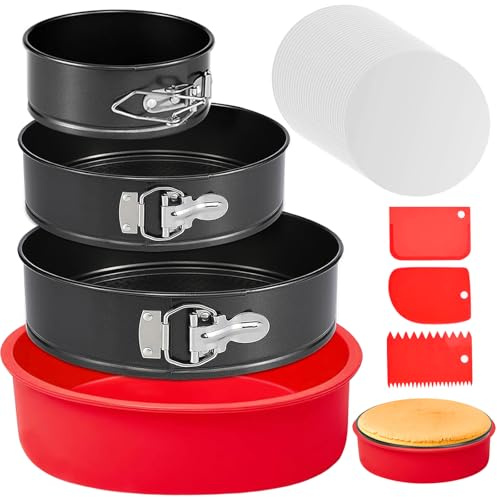 4 7 9 Inch Springform Pan Set of 3, Leakproof Cheesecake Pan with Protector, Nonstick Spring Form Pan for Cheesecake, Springform Cake Pans Sets for Baking with Removable Bottom and 50Pcs Parchment