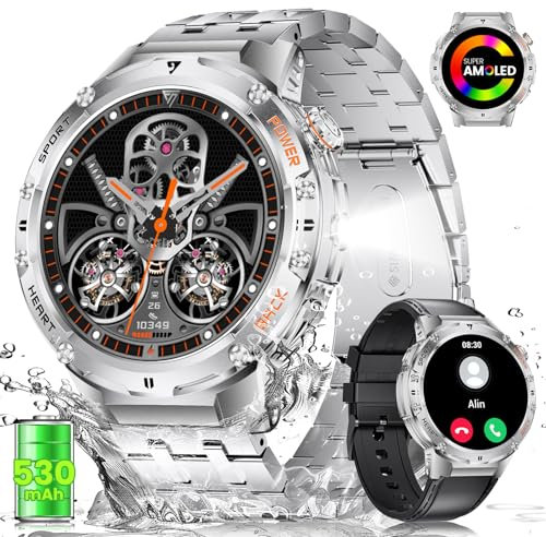 HIRREO Montre Connectée Homme pour Android iOS avec Appel Bluetooth 1,43 AMOLED Rond Smartwatch Homme 530 mAh Argent Acier Montre Homme Connectée avec Lampe de Poche LED Santé Moniteur,100+ Sport