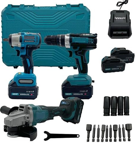 K2 STORE - Kit Completo Fai Da Te 3 in 1 con Trapano Avviatore a Batteria, Smerigliatrice Flex Angolare, Trapano a Impulsi Svita Bulloni, 2 Batterie 68V, Caricabatterie, Accessori e Valigetta