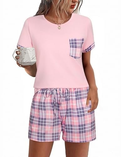 Aseniza Women's Pyjamas Sets Short Sleeve Ladies Cotton Loungewear Pink