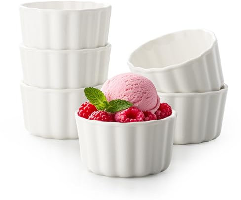 Gacoree Ramekins 8 oz Oven Safe, Ceramic Small Serving Bowls for Dessert, Snacks, Creme Brulee, Ice Cream, Set of 6, White