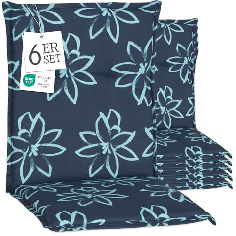 Beo Gartenstuhl-Auflagen Barcelona Niedriglehner 100 x 50 cm (6er-Pack) | Waschbare, UV-beständige Sitz-Kissen | Atmungsaktive Polster-Auflagen nach Öko-Tex Standard | Blaue Blumen | Made in EU