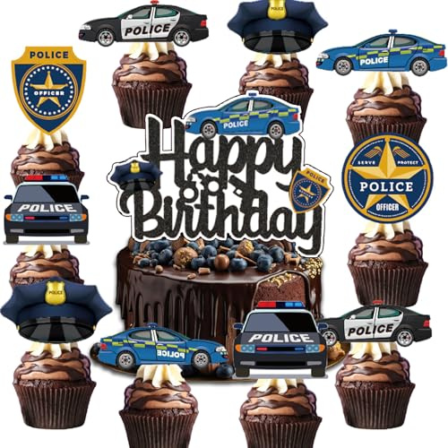 YUEcthynous Polizei Cupcake Toppers,25 Stück Polizist Handpistole und Handschellen Kuchen Deko Polizeiwagen Polizei Emblem Tortendeko für Polizei Thema Kinder Geburtstag Party Torten Dekoration