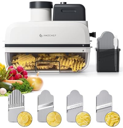 AMZCHEF 5-in-1 Electric Food Processor & Vegetable Chopper | Large 1.2L Container & Wide Chute | Make Salad, Crinkle-Cut Chips, Julienne with 4 Blades | for Potato, Onion, Carrot