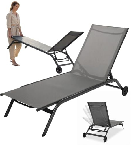 di volio Sonnenliege MEAPOL – grau, klappbare Gartenliege mit Rollen, wetterfest & verstellbar, ideal für Garten und Terrasse
