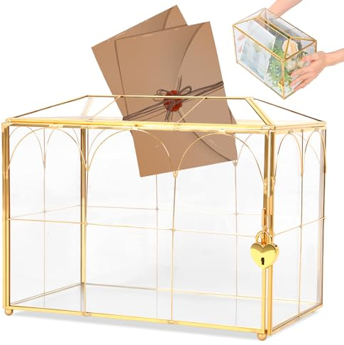 BAODBF Kartenbox Hochzeit Glas Gold mit Herzschloss Schlüssel Deko | Große Transparente Glasbox für Geldgeschenke Briefe Geburtstag Feiern Postbox Vintage Messing Behaelter 26x15x21 cm Schatulle