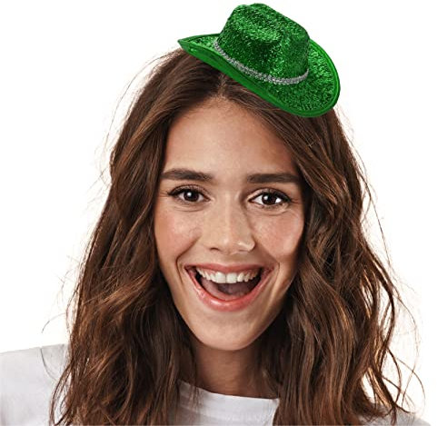 Grüner glitzernder Mini-Cowgirl-Hut im Fascinator-Stil, perfekt für St. Patrickís Day, Junggesellinnenabschiede, Festivals, Kostüme, Themenveranstaltungen und Kostüme, 1 Stück