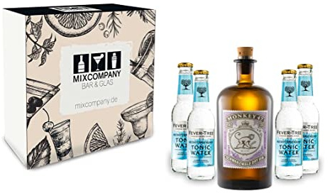 Gin Tonic Giftbox Geschenkset - Monkey 47 Schwarzwald Gin 0,5l (47% Vol) + 4x Fever Tree Mediterranean Tonic Water 200ml inkl. Pfand MEHRWEG -[Enthält Sulfite]